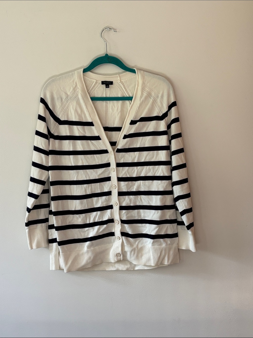 Talbots White and Black Striped Button-Front Cardigan sz M like new